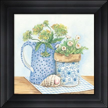 Framed Blue and White Pottery with Flowers I Print