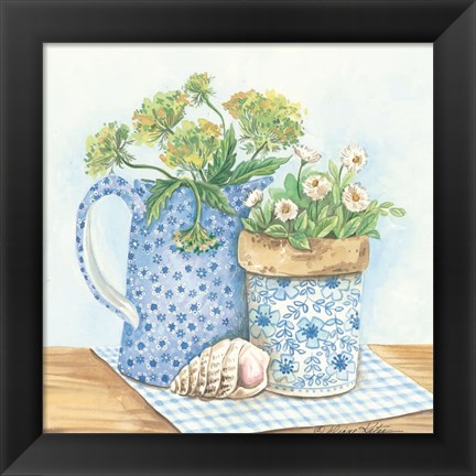 Framed Blue and White Pottery with Flowers I Print