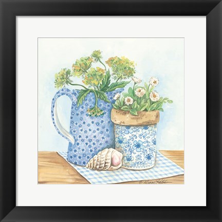 Framed Blue and White Pottery with Flowers I Print