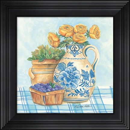 Framed Blue and White Pottery with Flowers II Print