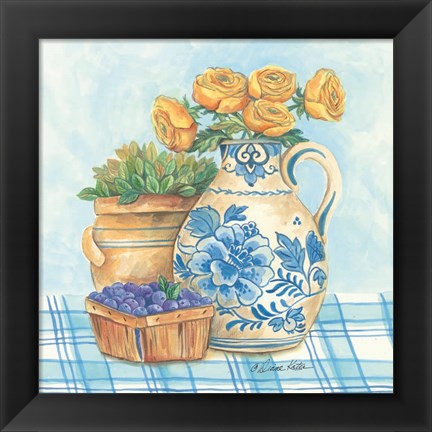 Framed Blue and White Pottery with Flowers II Print