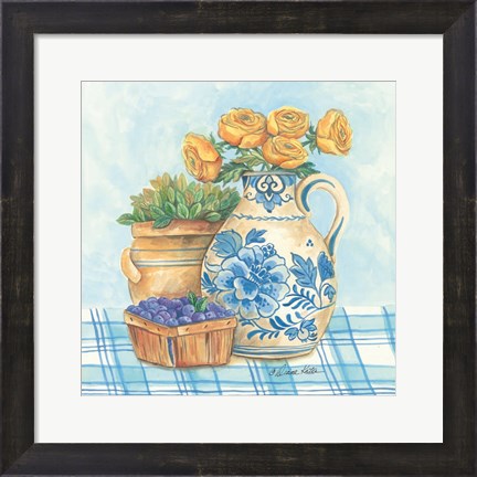 Framed Blue and White Pottery with Flowers II Print