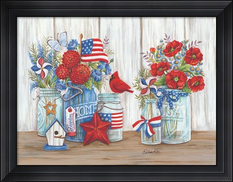 Framed Patriotic Glass Jars with Flowers Print