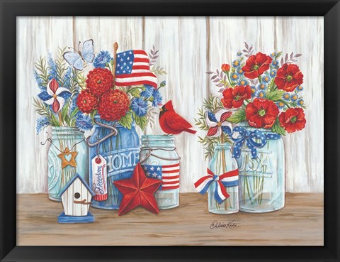 Framed Patriotic Glass Jars with Flowers Print