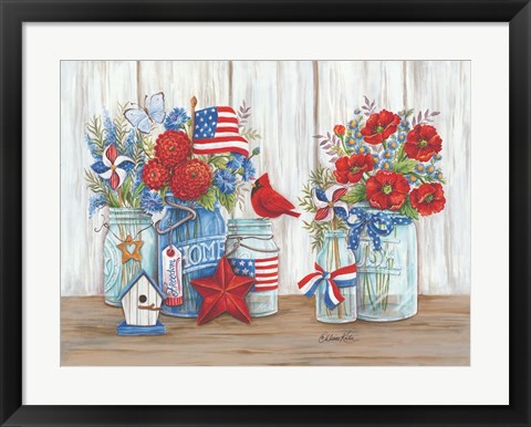 Framed Patriotic Glass Jars with Flowers Print