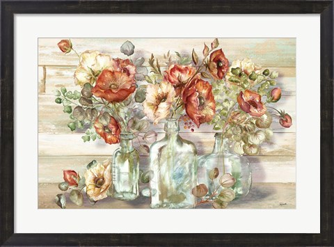 Framed Spice Poppies and Eucalyptus in bottles Landscape Print