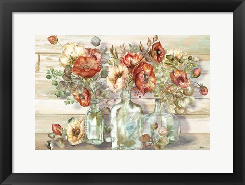 Framed Spice Poppies and Eucalyptus in bottles Landscape Print