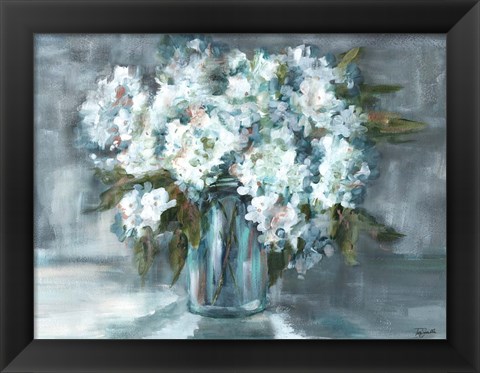 Framed White Hydrangeas on Gray Landscape Print