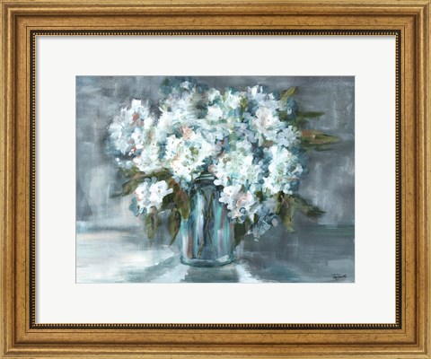 Framed White Hydrangeas on Gray Landscape Print