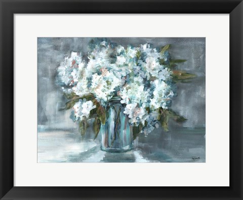 Framed White Hydrangeas on Gray Landscape Print