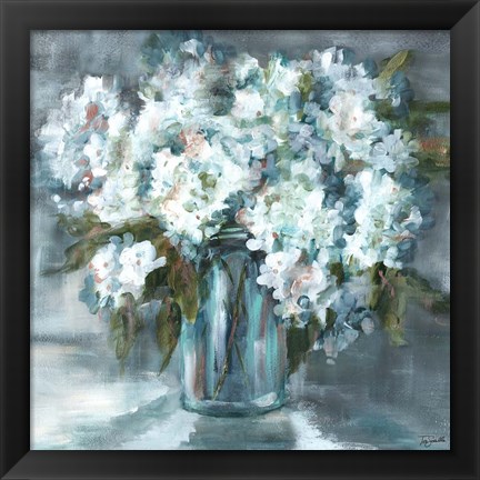 Framed White Hydrangeas on Gray Print