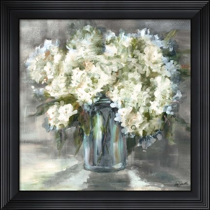 Framed White and Taupe Hydrangeas Sill Life Print