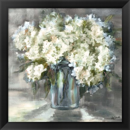 Framed White and Taupe Hydrangeas Sill Life Print