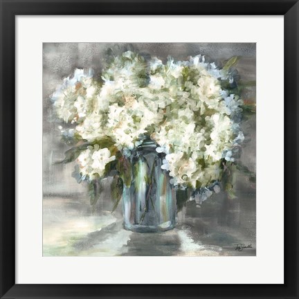 Framed White and Taupe Hydrangeas Sill Life Print