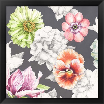 Framed Floral Sketch on Grey Print