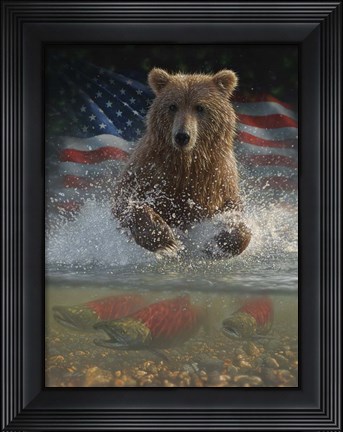 Framed Brown Bear Fishing America Print