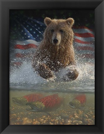 Framed Brown Bear Fishing America Print