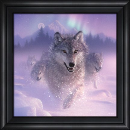 Framed Running Wolves - Northern Lights - Square Print