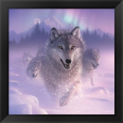 Framed Running Wolves - Northern Lights - Square Print