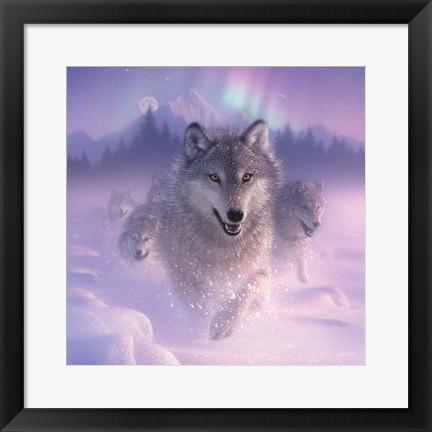 Framed Running Wolves - Northern Lights - Square Print