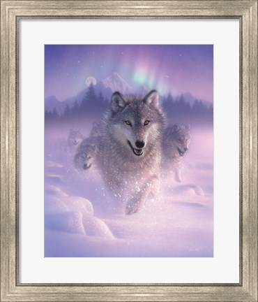 Framed Running Wolves - Northern Lights Print