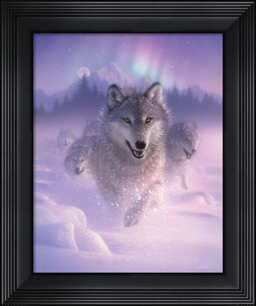 Framed Running Wolves - Northern Lights Print
