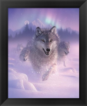 Framed Running Wolves - Northern Lights Print