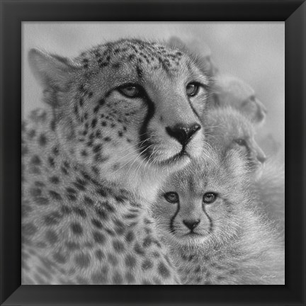 Framed Cheetah Mother and Cubs - Mother&#39;s Love - Square - B&amp;W Print