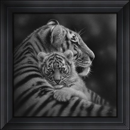Framed Tiger Mother and Cub - Cherished - B&amp;W Print