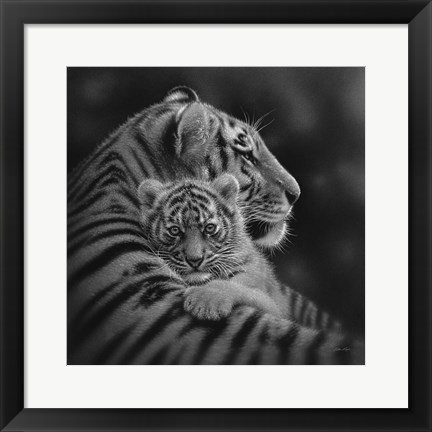 Framed Tiger Mother and Cub - Cherished - B&amp;W Print