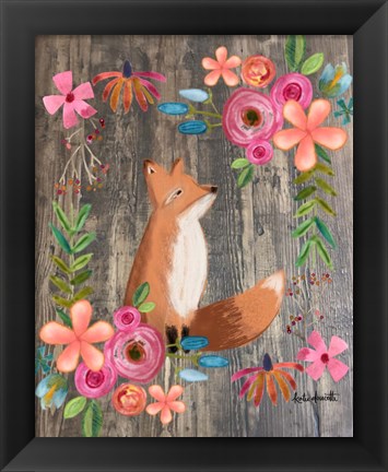 Framed Floral Fox on Wood Print