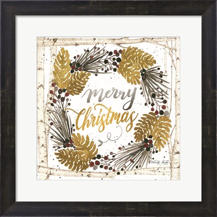 Framed Merry Christmas Birch Wreath with Berries Print