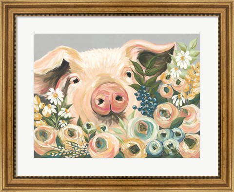 Framed Pig in the Flower Garden Print