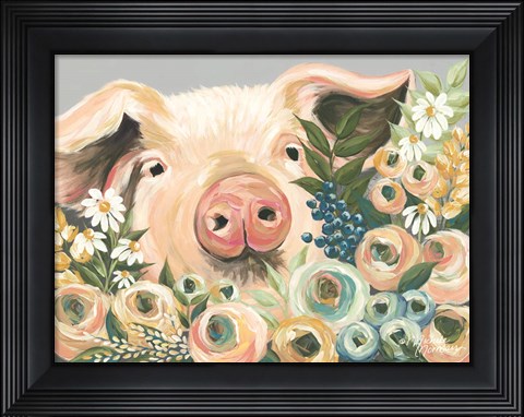 Framed Pig in the Flower Garden Print