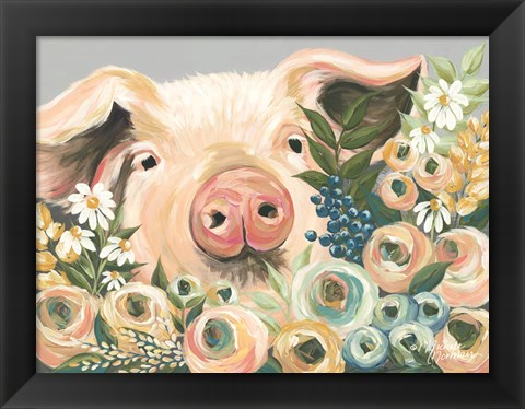 Framed Pig in the Flower Garden Print