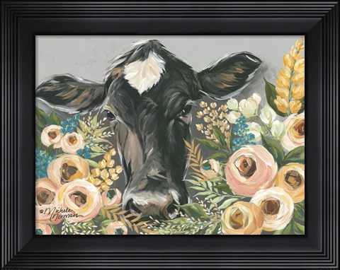 Framed Cow in the Flower Garden Print