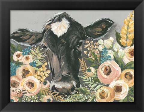 Framed Cow in the Flower Garden Print