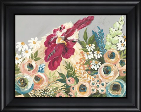 Framed Hen in the Flower Garden Print