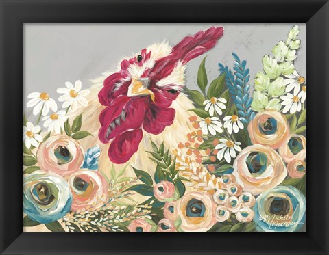 Framed Hen in the Flower Garden Print