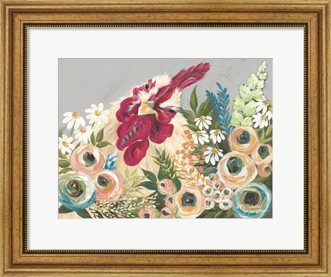 Framed Hen in the Flower Garden Print