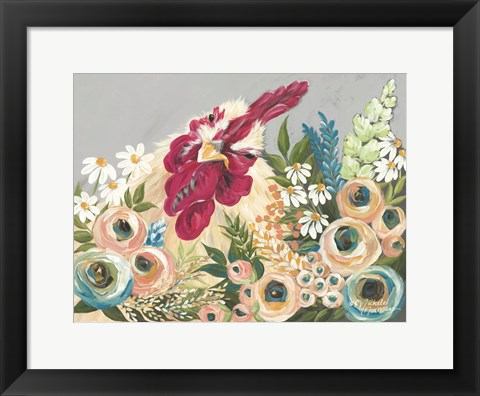 Framed Hen in the Flower Garden Print