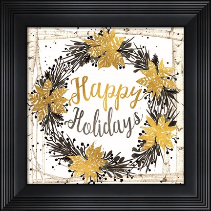 Framed Happy Holidays Birch Wreath Print