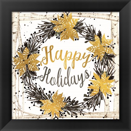 Framed Happy Holidays Birch Wreath Print