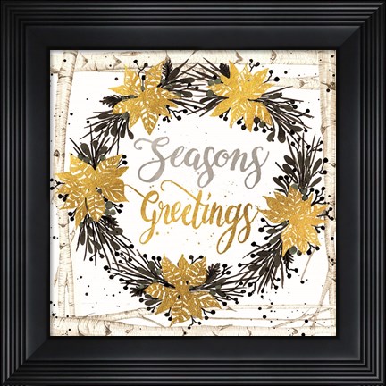 Framed Seasons Greetings Birch Wreath Print