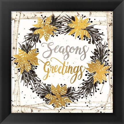 Framed Seasons Greetings Birch Wreath Print