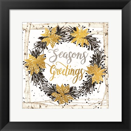 Framed Seasons Greetings Birch Wreath Print