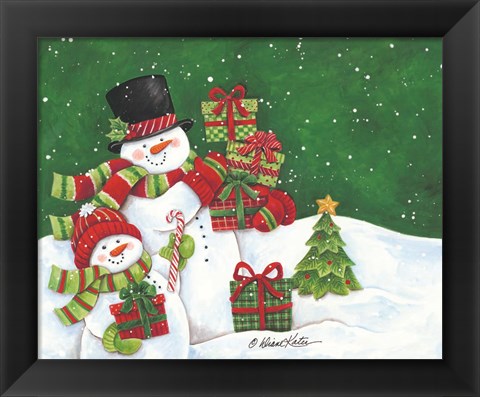 Framed Father and Son Merry Christmas Snowmen Print