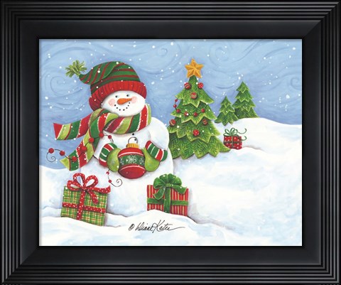 Framed Snowman with Ornament Print