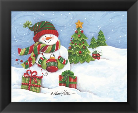 Framed Snowman with Ornament Print