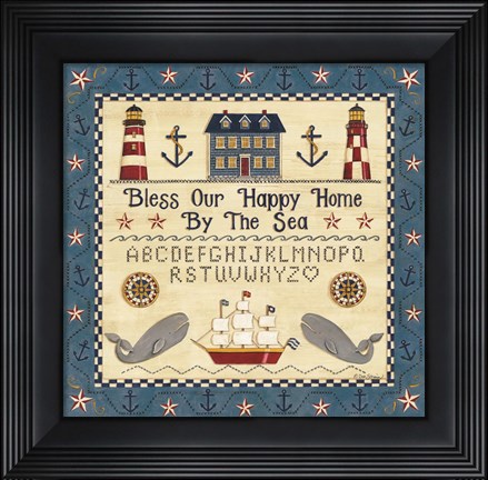 Framed Bless our Happy Home by the Sea Sampler Print